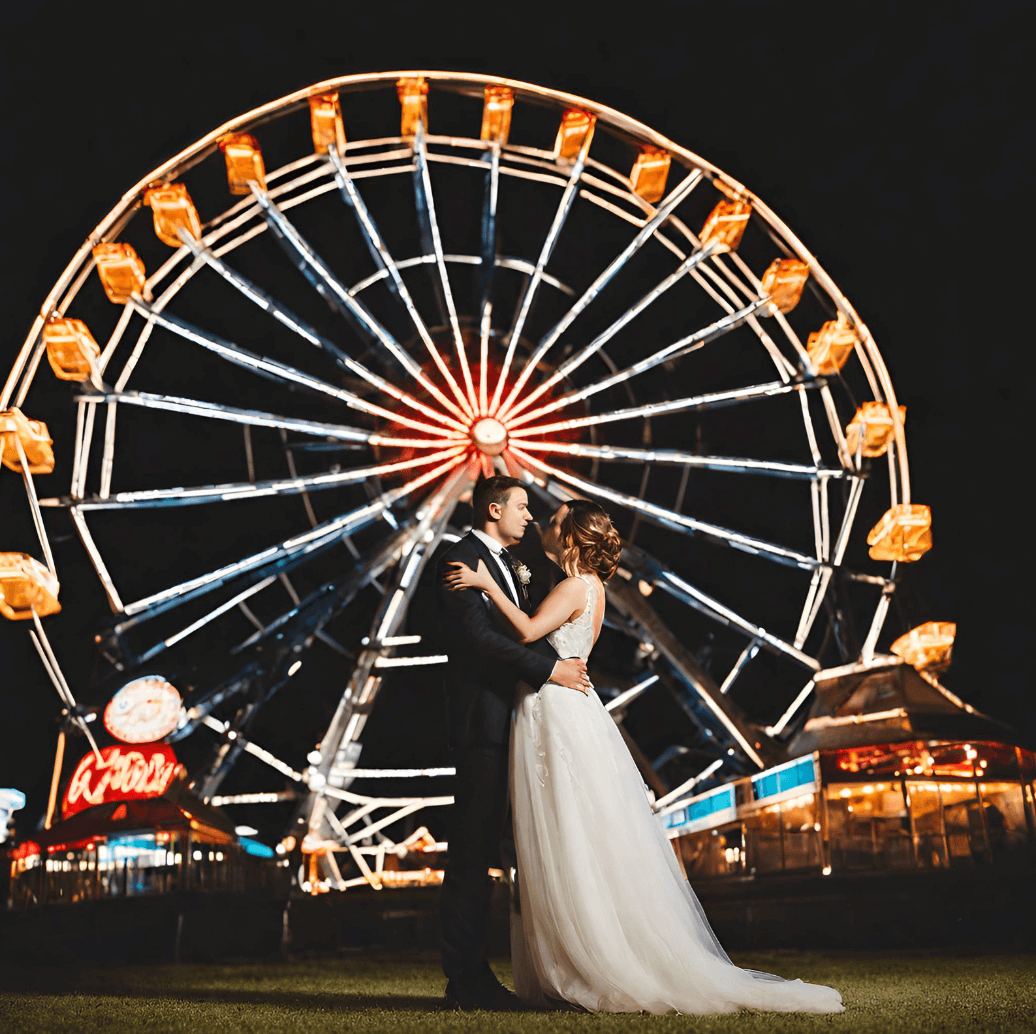 Bride and groom posing in front of a ferris wheel at their anderson valley elopement